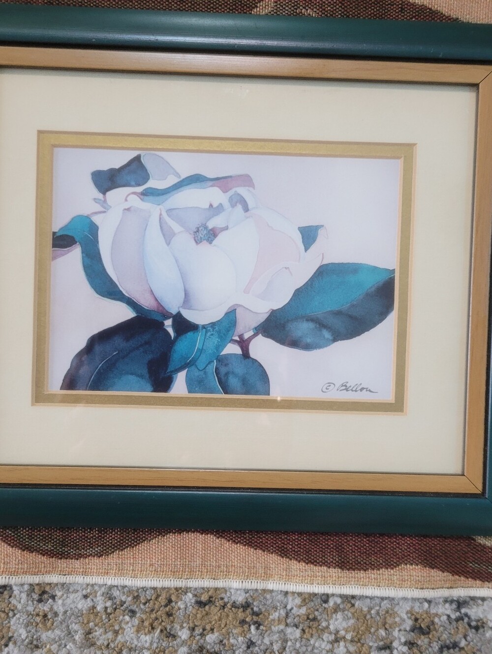 Vintage Framed & Double-Matted Magnolia Watercolor Style Print – Signed by Bello